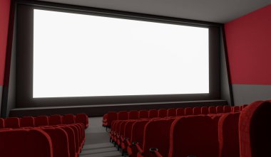 Boş ekranda boş sinema salonu. 3D render illüstrasyon.