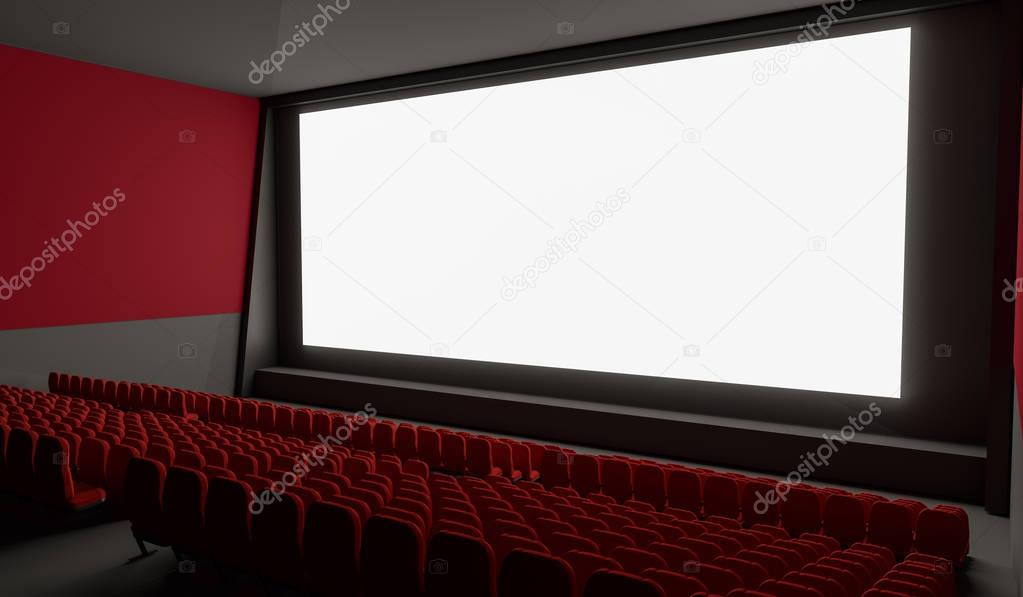 Blank screen in empty cinema hall. 3D rendered illustration.