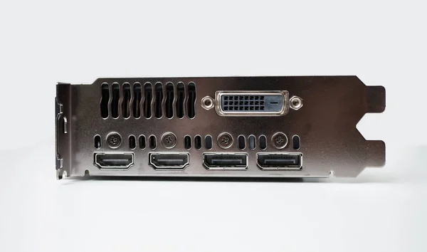 Closeup view on videocard connectors and ports. — Stock Photo, Image