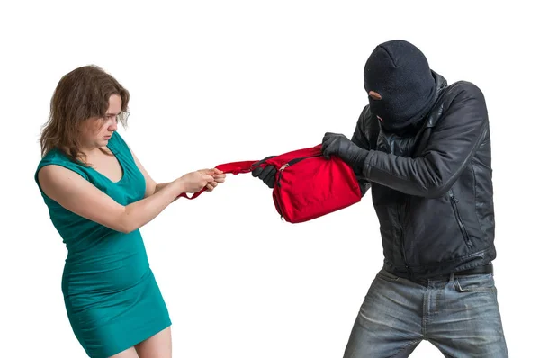 Thief is fighting with woman and stealing handbag. Isolated on white background. — Stock Photo, Image