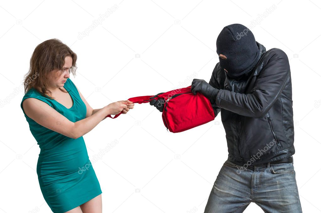 Thief is fighting with woman and stealing handbag. Isolated on white background.