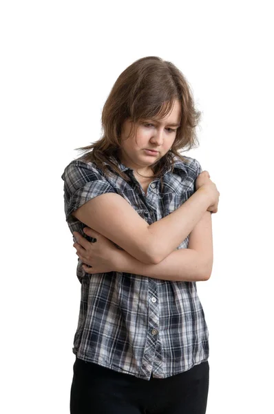 Triest depressief jongedame geïsoleerd op witte achtergrond. — Stockfoto