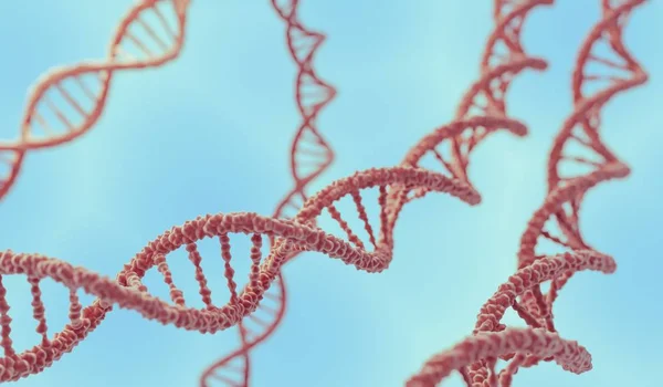 DNA dubbelspiral molekyler på blå bakgrund. 3D utsmält illustration. — Stockfoto