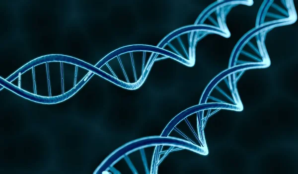 遗传学概念。发光的 Dna 分子在深色背景上。3d 渲染的图. — 图库照片