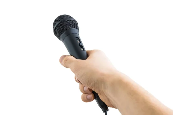 Il giornalista tiene il microfono in mano. Isolato su sfondo bianco . — Foto Stock