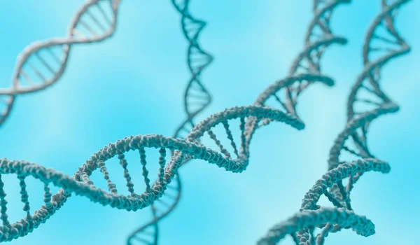 Dna Doppelhelix-Moleküle auf blauem Hintergrund. 3D gerenderte Illustration. — Stockfoto