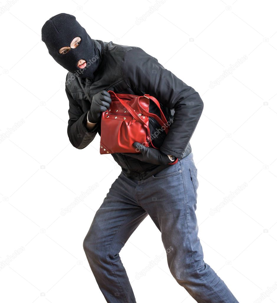 Thief is running with stolen red handbag. Isolated on white background.