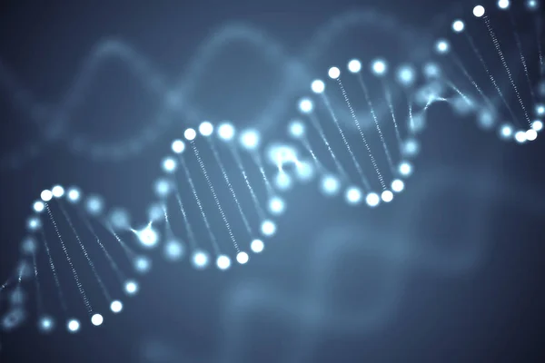 Moléculas de ADN brillantes abstractas sobre fondo oscuro. Ilustración 3D renderizada . — Foto de Stock