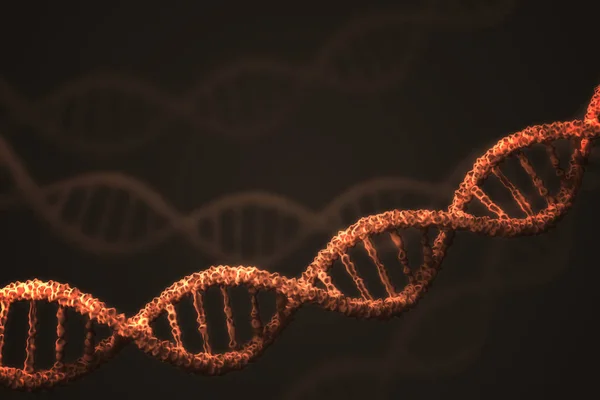 DNA dubbelspiral molekyler på svart bakgrund. 3D utsmält illustration. — Stockfoto