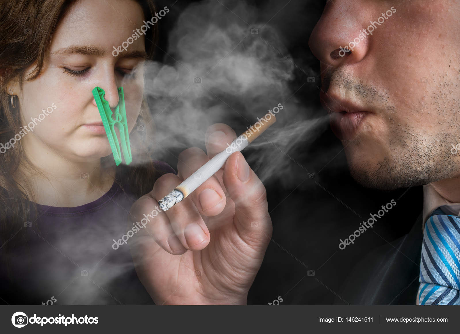Passive smoking concept. Selfish man is smoking a cigarette. Woman cant