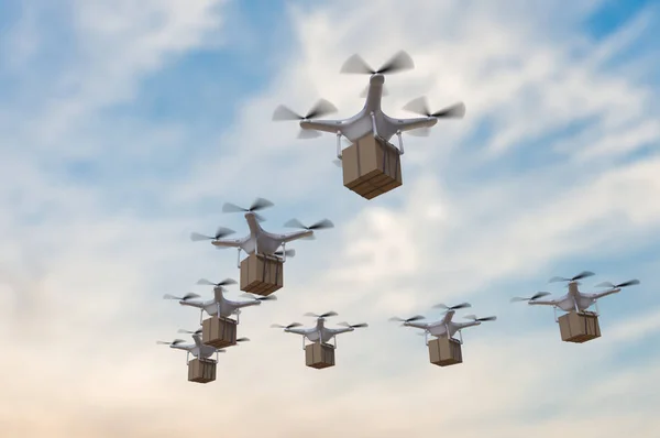 Ilustração renderizada em 3D de muitos drones voando no céu e entregando pacotes . — Fotografia de Stock