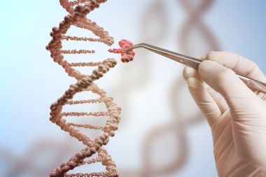Genetik mühendisliği ve gen manipülasyon kavramı. El bir Dna molekülü parçası değiştirme.