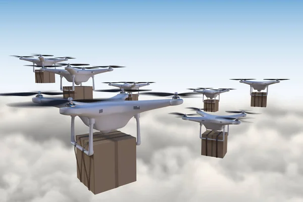 Illustrazione 3D di molti droni che volano sopra le nuvole e consegnano pacchetti . — Foto Stock