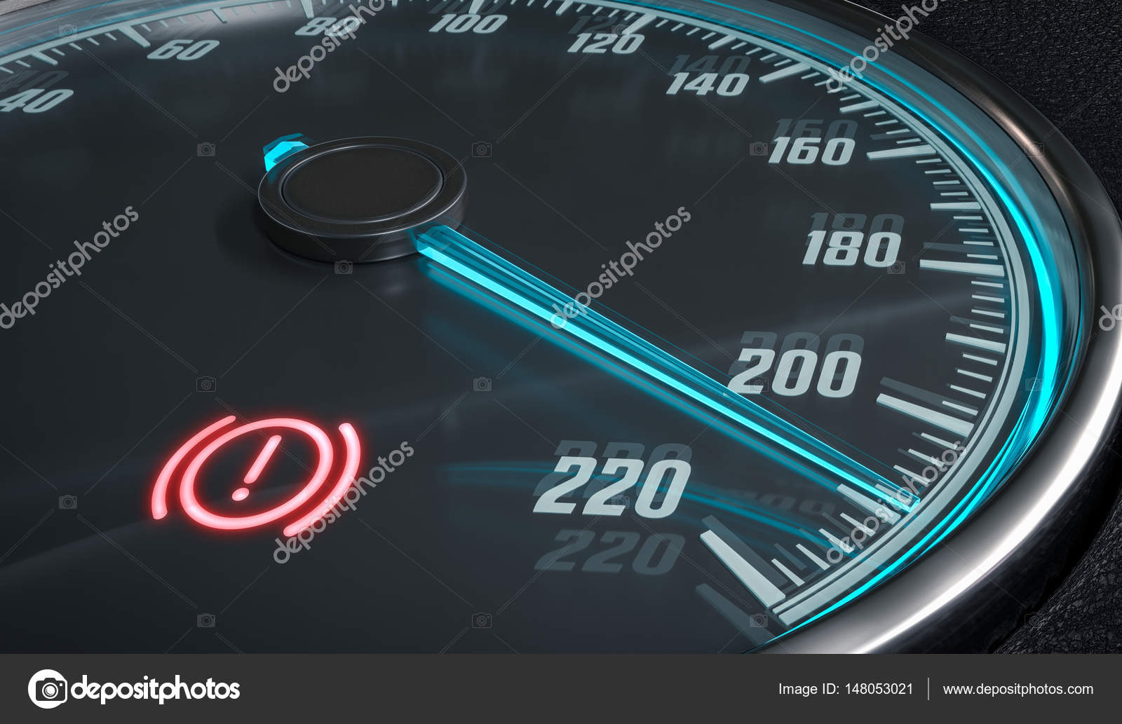 Brake system warning light in car dashboard. 3D rendered illustration