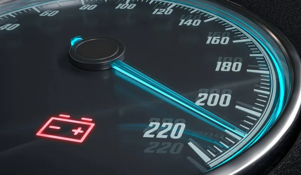 Lumina de avertizare a bateriei descărcată în tabloul de bord al mașinii. Ilustrație 3D redată . — Fotografie, imagine de stoc