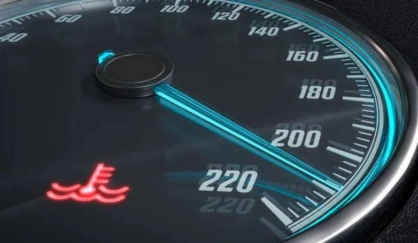Motorn överhettas kontroll. Kylvätska varning ljus i bilen dashboad. 3D utsmält illustration. — Stockfoto