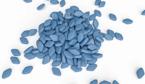 Heap de pílulas de viagra azul para disfunção da ereção. Ilustração renderizada 3D . — Fotografia de Stock