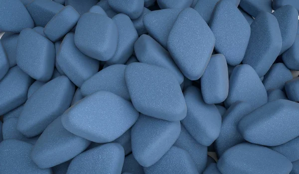 Muitas pílulas de viagra azul para disfunção da ereção. Ilustração renderizada 3D . — Fotografia de Stock