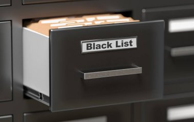 Kabine içinde yazıhane ile kara liste klasörler. 3D render illüstrasyon.
