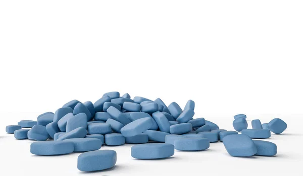 Heap de pílulas de viagra azul para disfunção da ereção. Ilustração renderizada 3D . — Fotografia de Stock