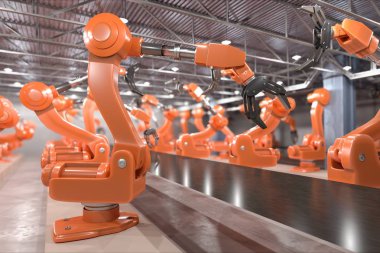 Sanayi 4.0 konsept. Fabrikada robot savaş silahları. 3D render illüstrasyon.