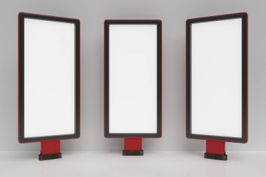 Afiş veya poster örnekler gri arka plan üzerinde. 3D render illüstrasyon.