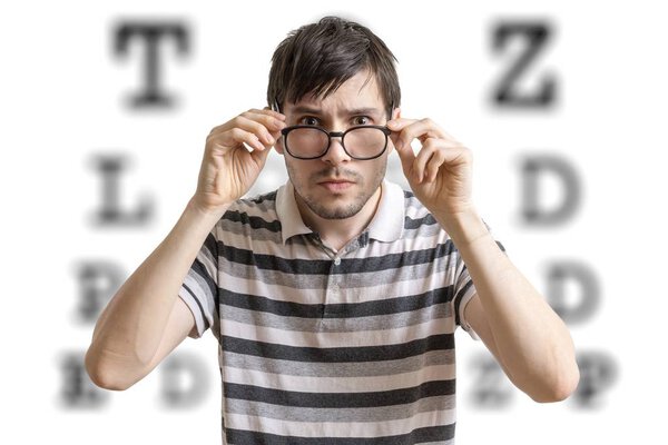 Man with glasses is testing his sight. Chart for eye sight testing in background.