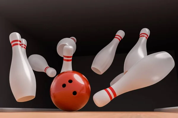 Η μπάλα του μπόουλινγκ ρίχνει καρφίτσες (Strike). 3D αποτύπωση. — Φωτογραφία Αρχείου