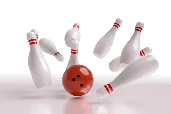 3D gerenderte Illustration einer Bowlingkugel, die Stifte umstößt (Streik). weißer Hintergrund. — Stockfoto