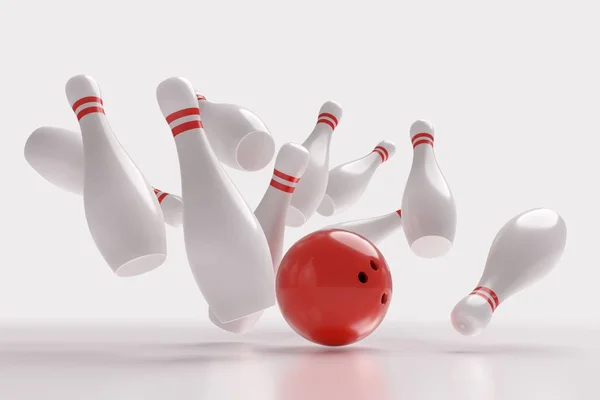 Ilustración 3D de la bola de bolos derribando alfileres (Strike). Fondo blanco . — Foto de Stock