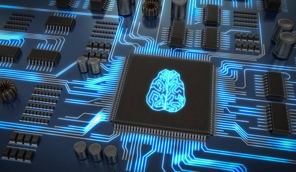 Artificiell intelligens elektronisk krets. Mikrochip med glowi — Stockfoto