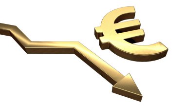 Altın Euro simgesini ve aşağı ok. Beyaz arka plan üzerinde izole.