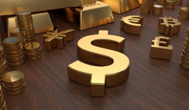 Yatırım ve bankacılık kavramı. Altın dolar sembol ve madeni paralar. 