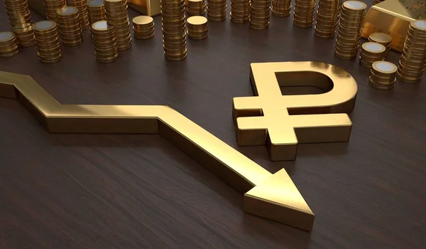 Golden ruble symbol and arrow down. 3D rendered illustration. — Stock Photo, Image