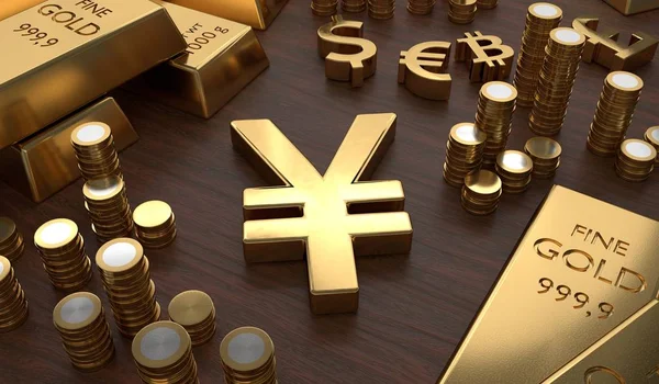 Investment and banking concept. Golden Yen symbol and coins. 3D — Stock Photo, Image