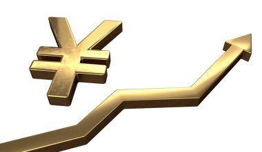 Altın Yen sembol ve yukarı ok. Beyaz arka plan üzerinde izole. 3D