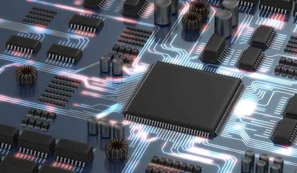 3D rendered illustration of electronical circuit with microchip 
