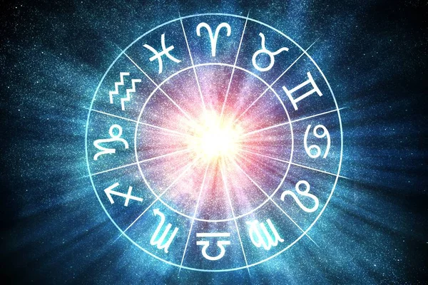 Concepto de astrología y horóscopos. Signos del zodíaco en círculo. Rin 3D — Foto de Stock