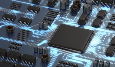 mikroçip elektronik devrenin 3D render illüstrasyon 