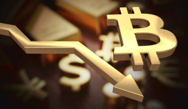 Altın bitcoin sembol ve aşağı ok. 3D render illüstrasyon.