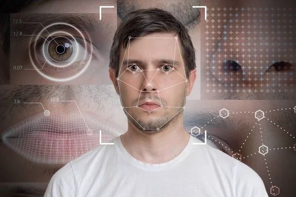 Face detection and recognition of man. Computer vision and machi — Stock Photo, Image