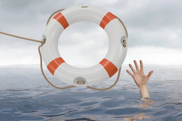 O homem está se afogando no oceano e está pegando a bóia da vida . — Fotografia de Stock