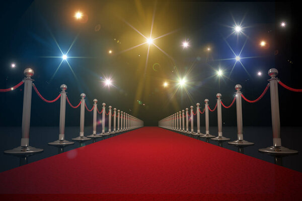 Red carpet for VIP. Flash lights in background. 3D rendered illu