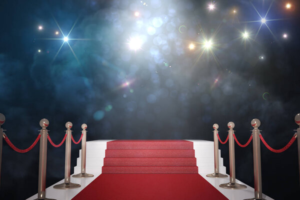 Красная дорожка для VIP. Вспышки на заднем плане. 3D-рендеринг
