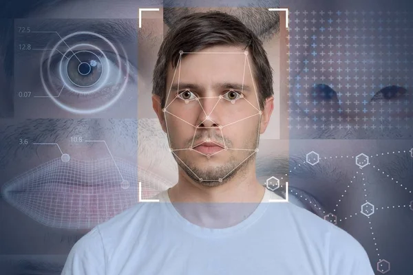 Detecção de rosto e reconhecimento do homem. Visão computacional e machi — Fotografia de Stock