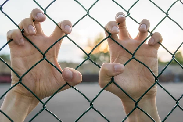 Hände von Immigranten hinter Grenze oder Zaun bei Sonnenuntergang. — Stockfoto