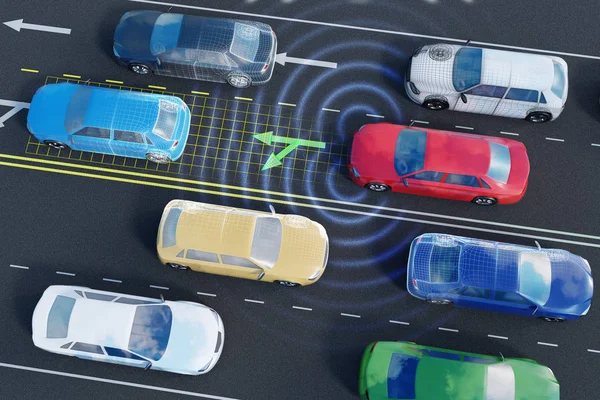 Autonomes selbstfahrendes Auto analysiert Verkehrssituation vor Ort — Stockfoto