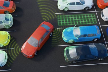 Araba özerk kendi kendine sürüş Park asistanı ile park ediyor. 3