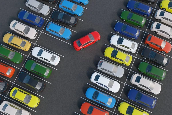 L'auto è parcheggio nel parcheggio completo. Illustrazione resa 3D. Vi — Foto Stock