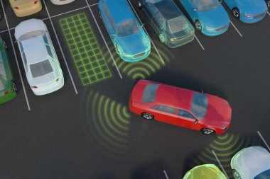 Araba özerk kendi kendine sürüş Park asistanı ile park ediyor. 3